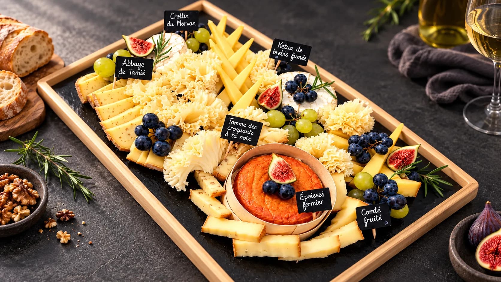 Camembert, comté, fourme d’Ambert, chèvre et saint-nectaire sur une table en bois devant un mur de pierre, au soleil couchant