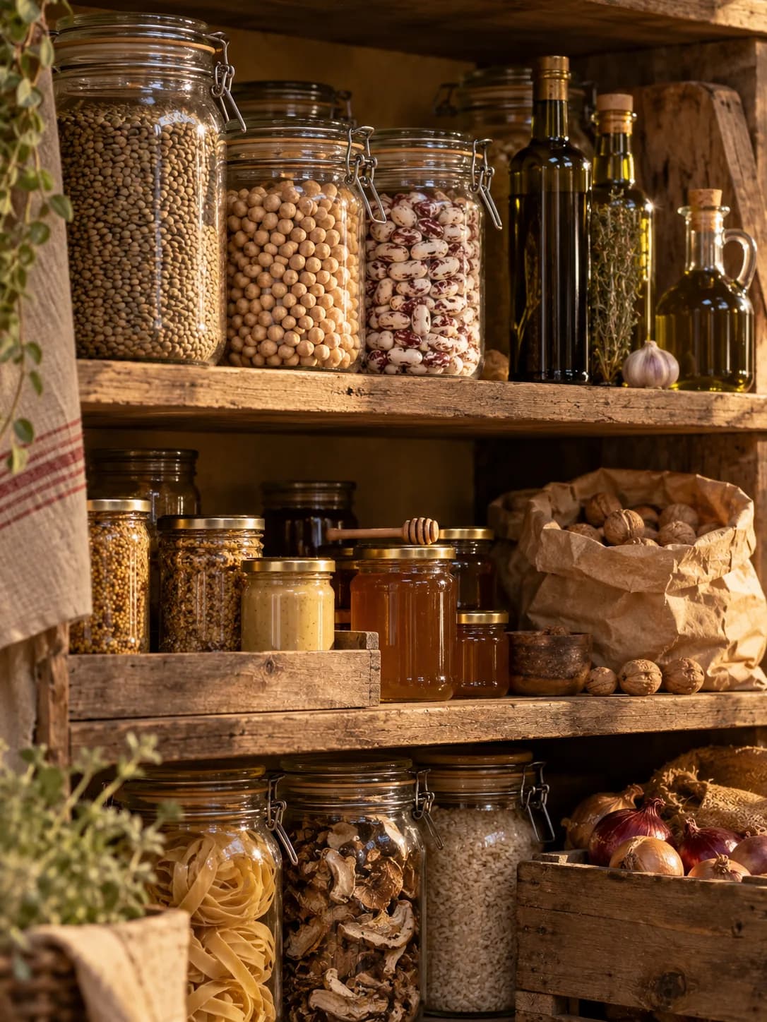 Étagères en bois garnies de bocaux de lentilles, pois chiches et haricots, bouteilles d’huile, pots de miel et de moutarde