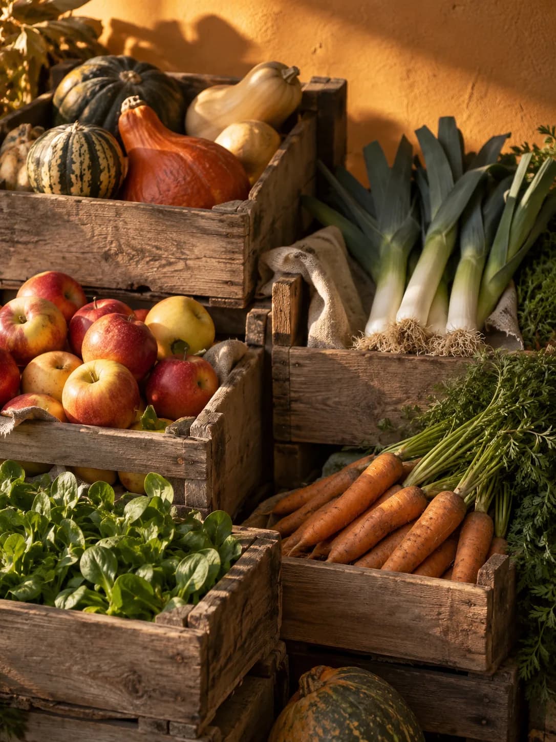Cageots en bois empilés de courges, poireaux, pommes, carottes et mâche, à la lumière du matin