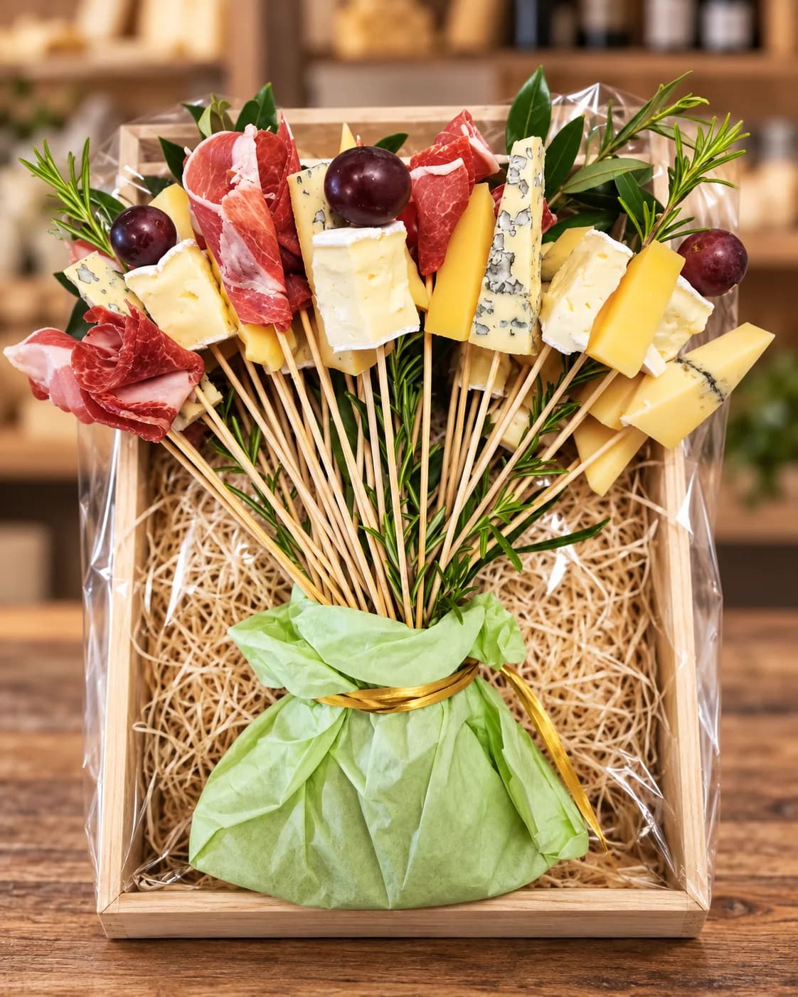 Bouquet de charcuterie et de fromage piqués sur brochettes, présenté dans un cornet de papier kraft
