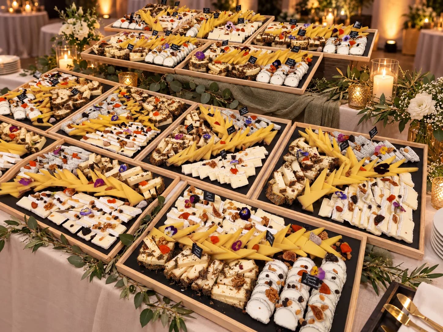 Grande tablée familiale avec planches de charcuterie, fromages et pain, à la bougie