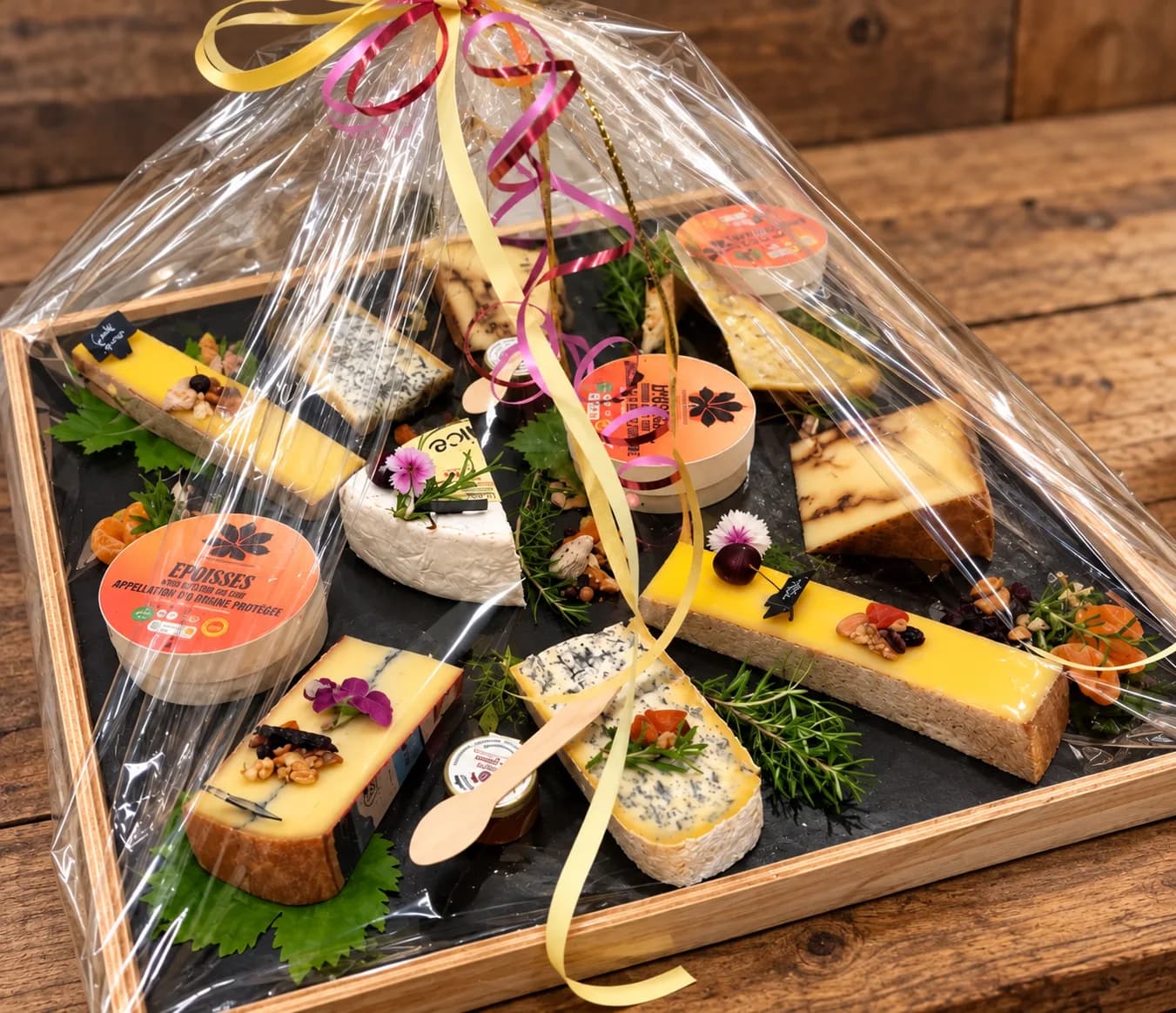 Plateau d’ardoise avec six fromages entiers, raisin, figues et noix