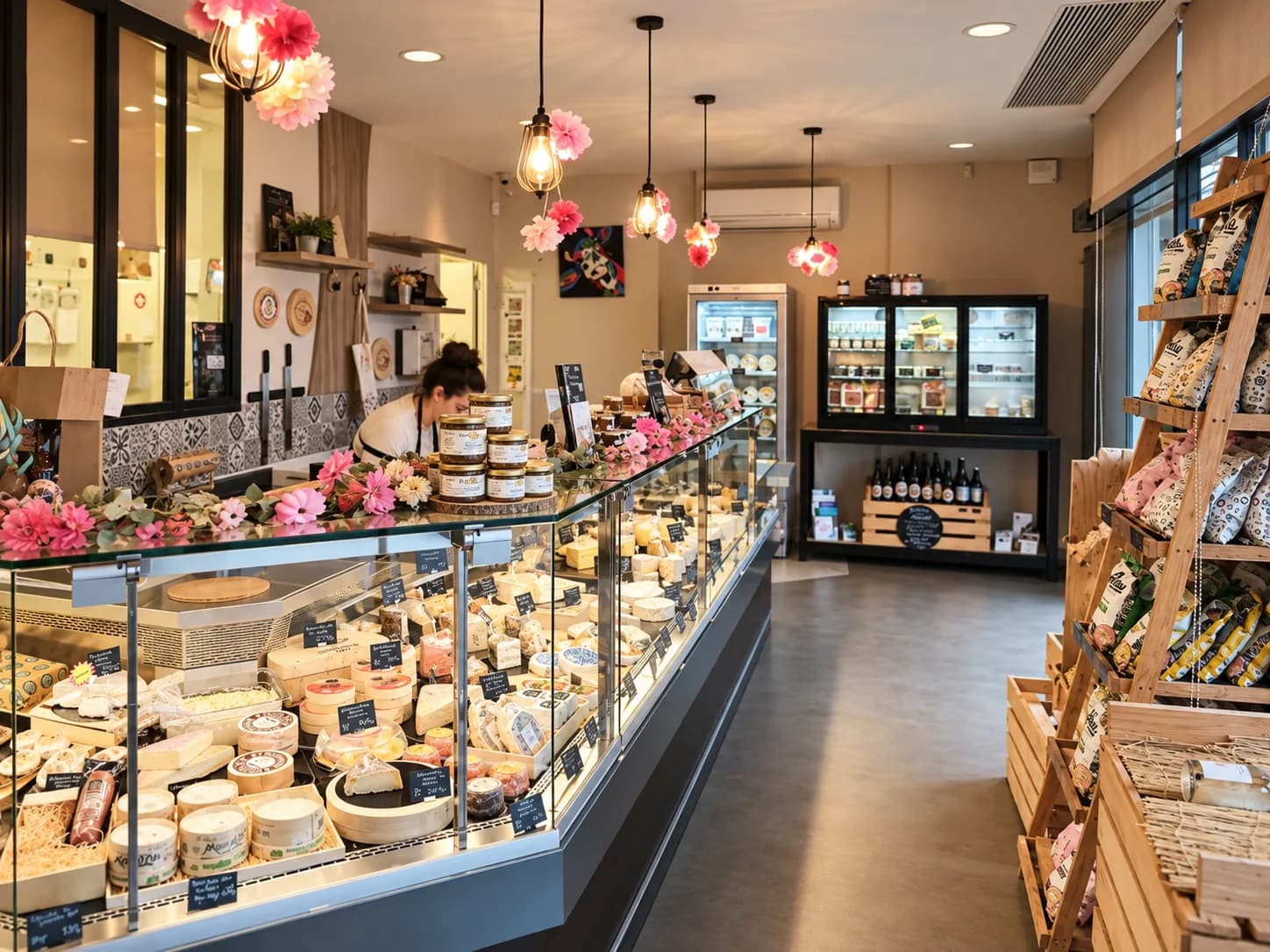 L’intérieur du magasin, le comptoir et les vitrines