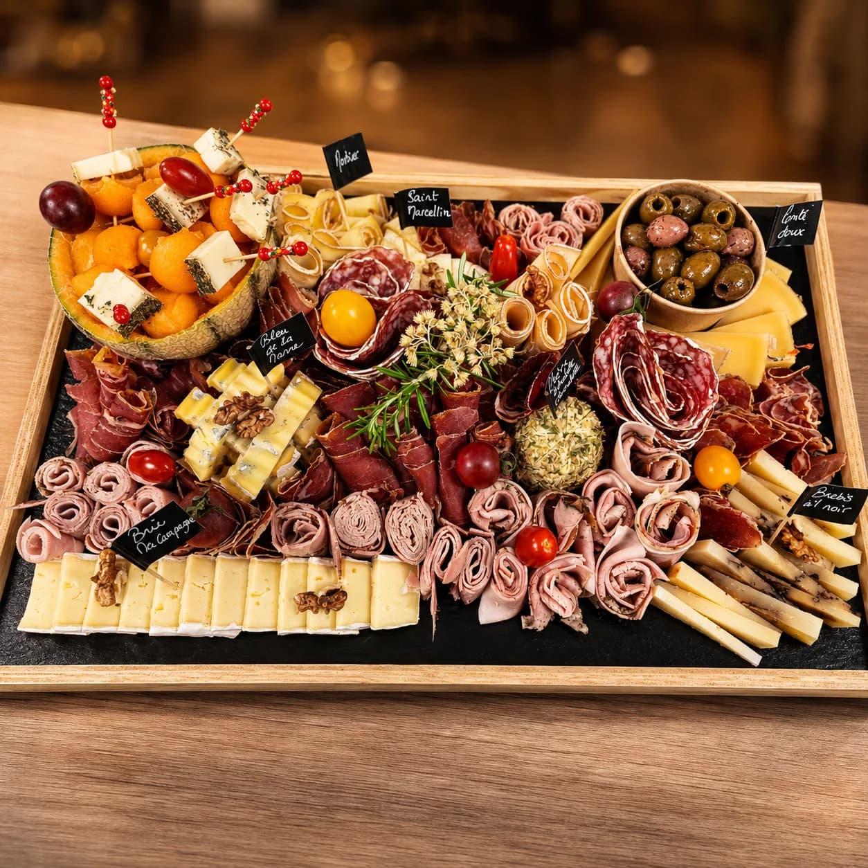 Longue planche en bois garnie de fromages, charcuteries, cornichons, abricots secs et pain