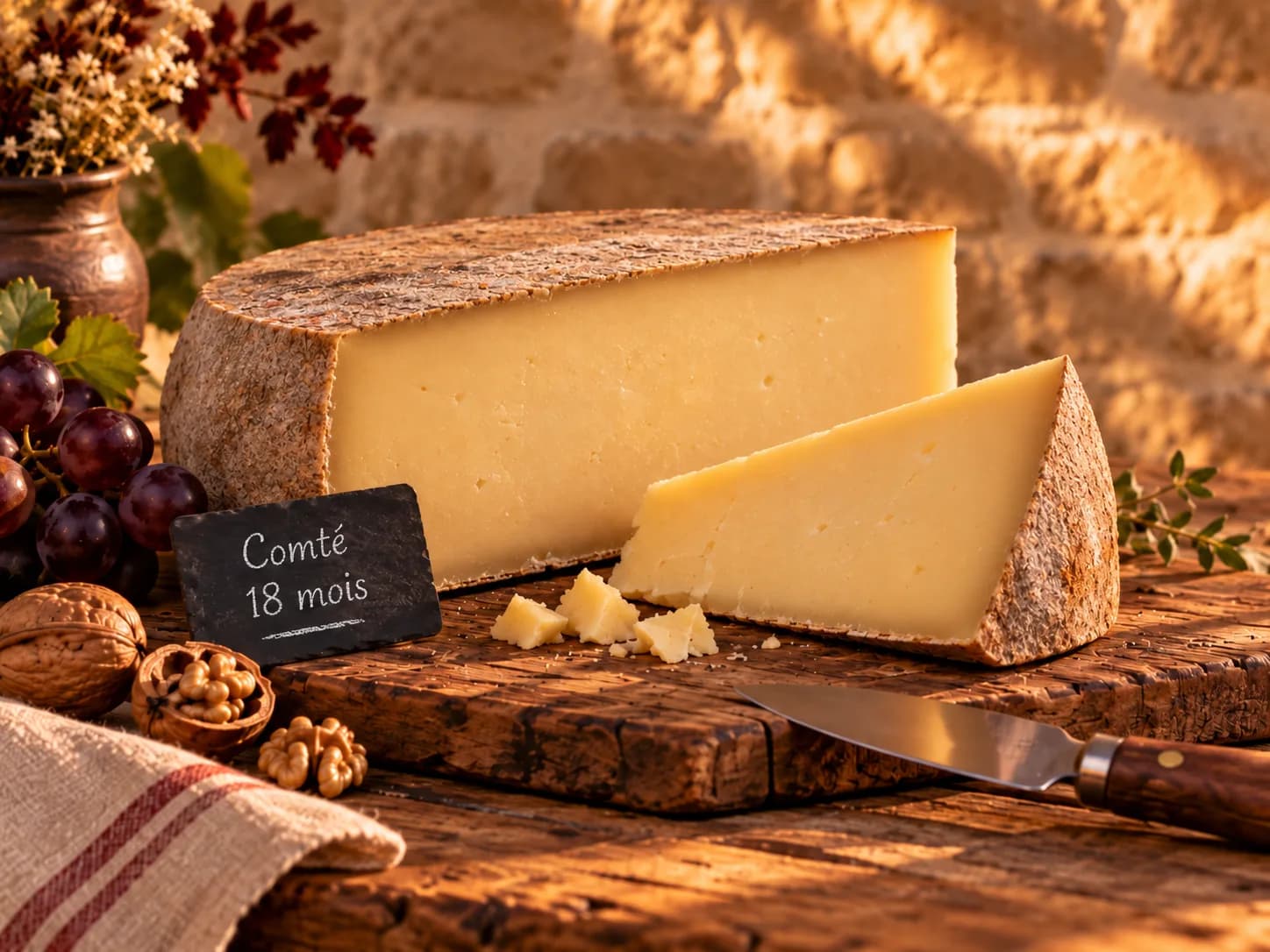 Meule de comté entamée sur une planche en bois, avec une ardoise « Comté 18 mois », raisin et noix
